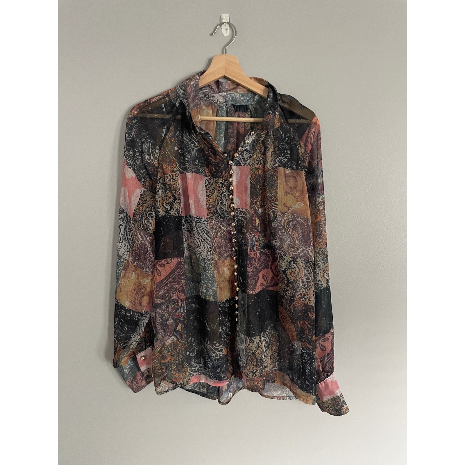 Paisley Patchwork Blouse Womens XL Multi Sheer Gold Button Boho Tops Romantic