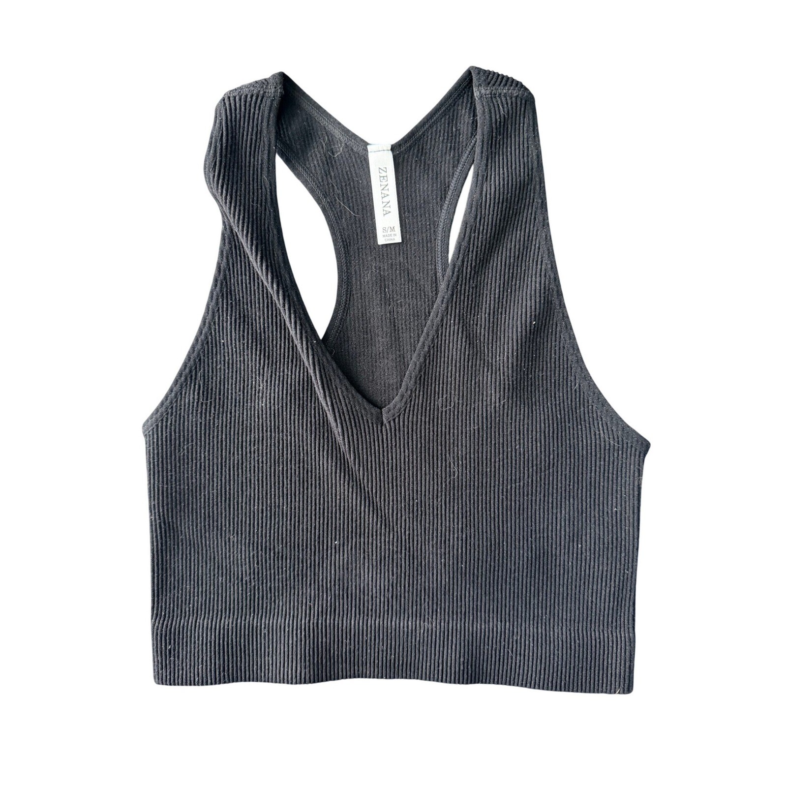Zenana Ribbed Seamless Crop Top Black V Neck Racerback Tank S/M