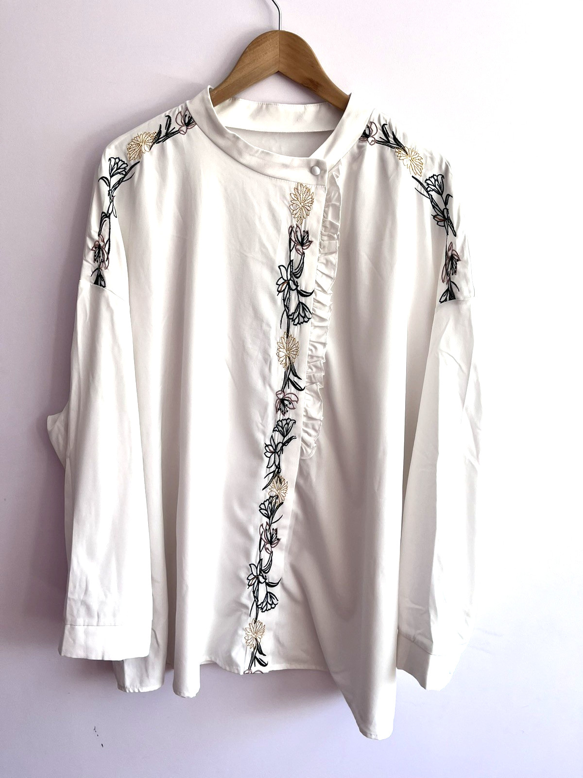 Shein Curve 4XL Embroidered Blouse Shirt Top Asymmetric Collar Cream Long Sleeve