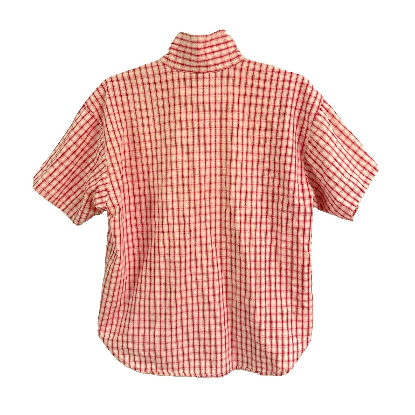 Vintage 90s Plaid Shirt Women’s S High Neck Gingham Pink & Cream Preppy USA