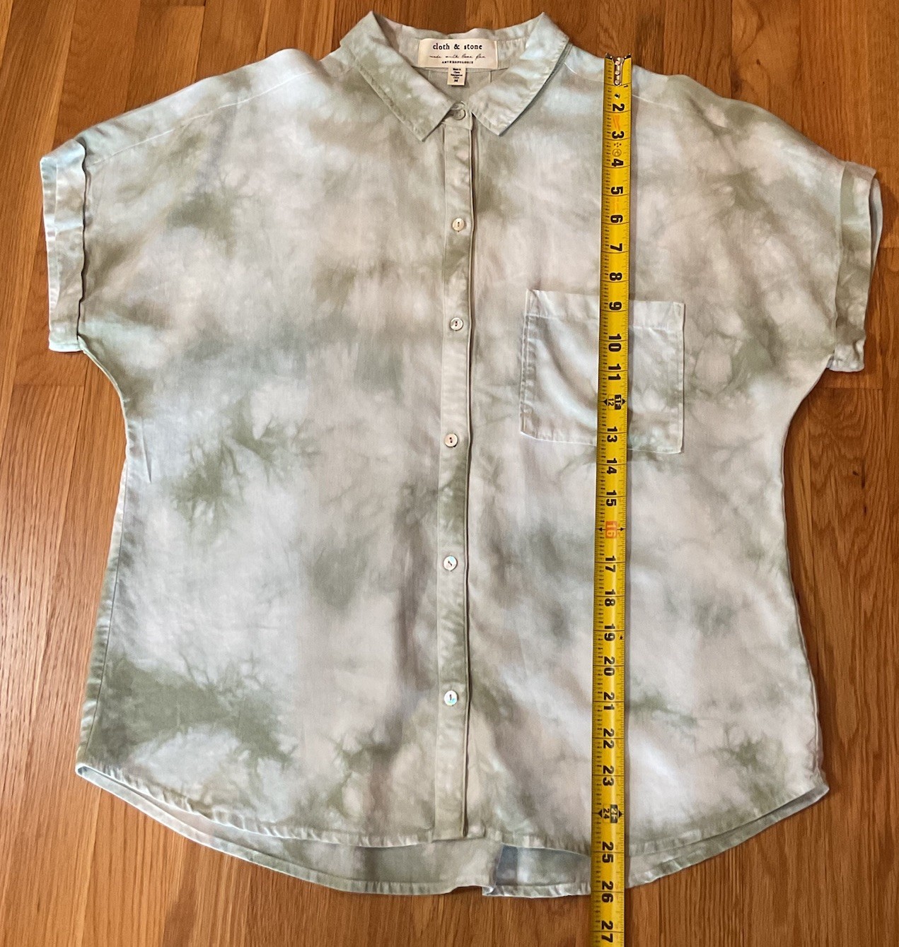 Cloth & Stone Women’s Green Tie Dye Button Up Top Med Boxy Hi Lo Hem Comfort EUC