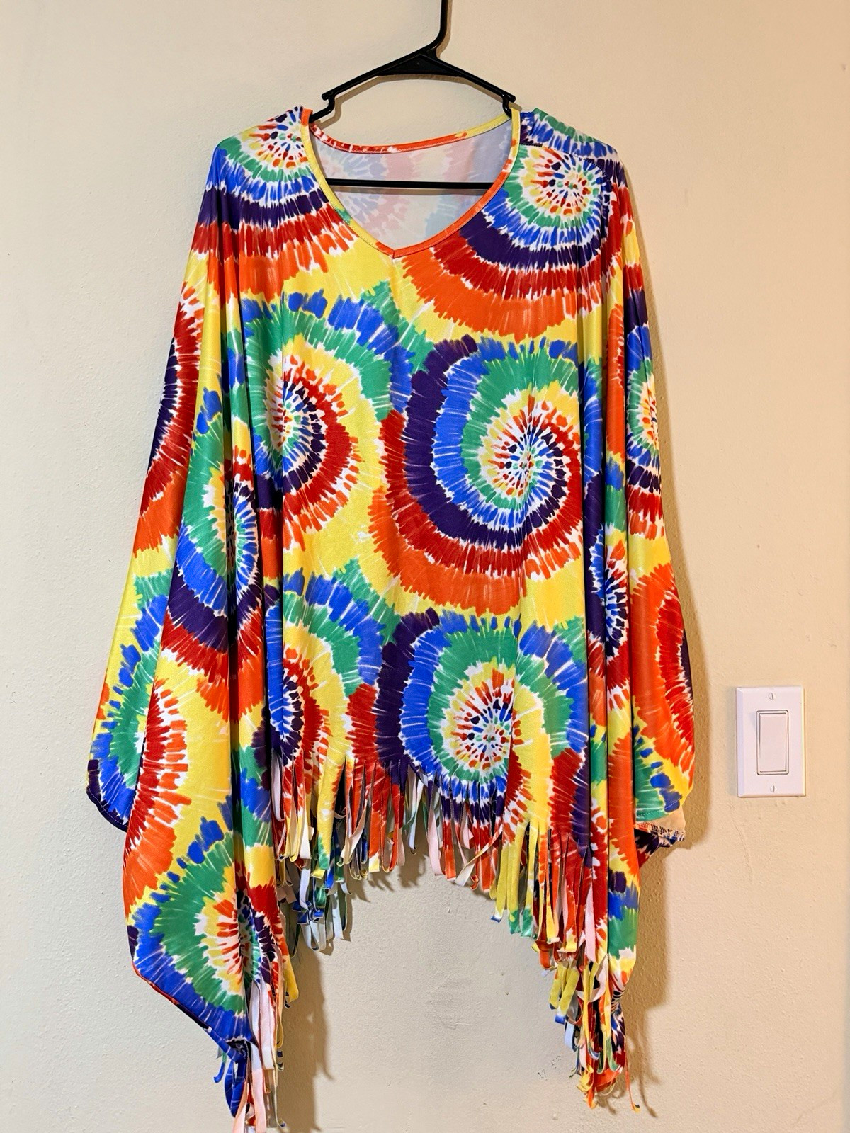 Women’s Multicolor Tie-Dye Fringe Poncho One Size Oversized Kimono Sleeve