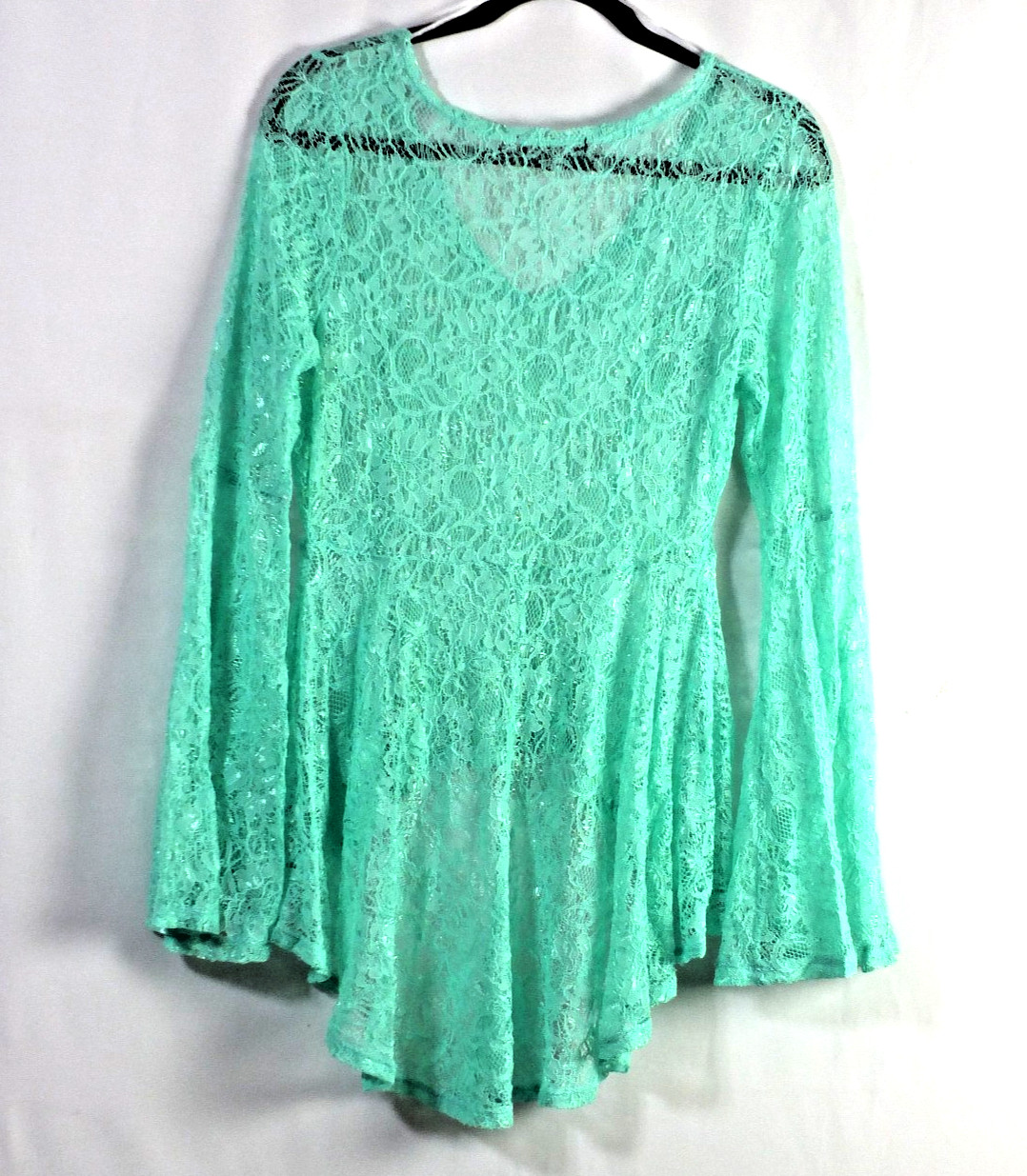 NEW UPS & DOWN Sea Green Size L Blouse Tunic Lace Hi- Low Hem Bell Sleeve
