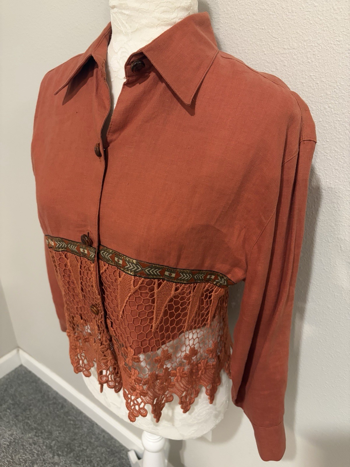 VTG Marcello Soltan LA Designer Orange Linen Crop Jacket~M~ 70’s Vibe Crochet US