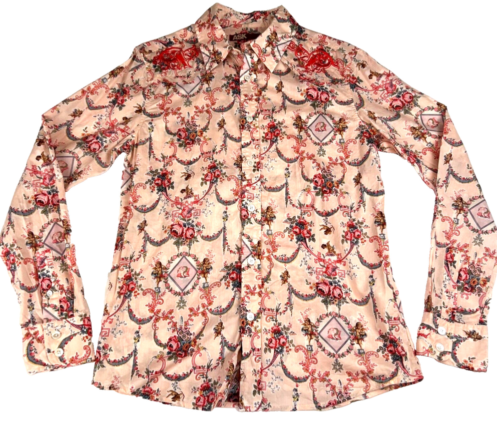 ASK Enquired Woman Blouse Sz M Button-Up Cherubs Cottage Core Roses NWOT