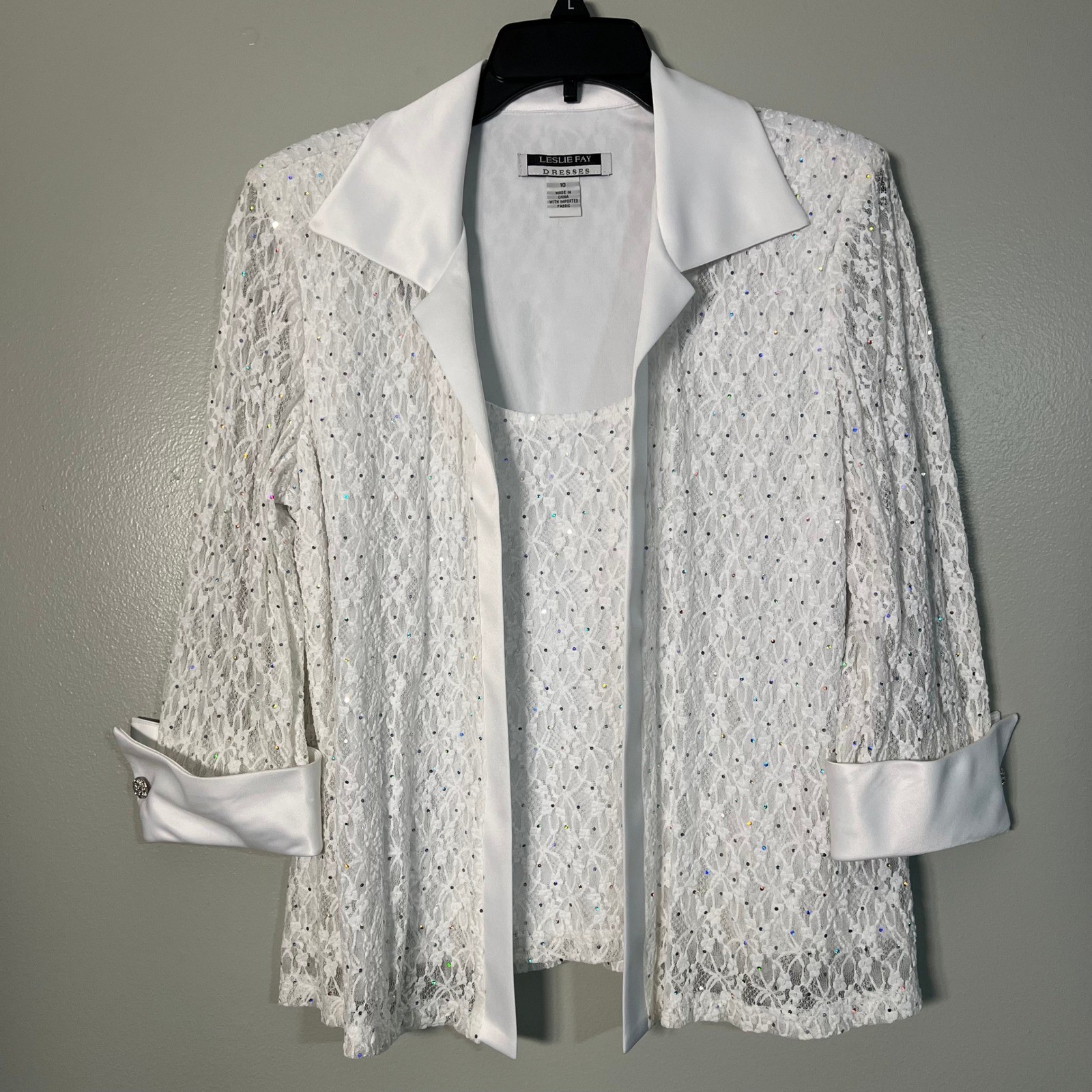 Leslie Fay White Lace Sequin Mock 2-piece Jacket & Top Set Sz 10 Rhinestone cuff