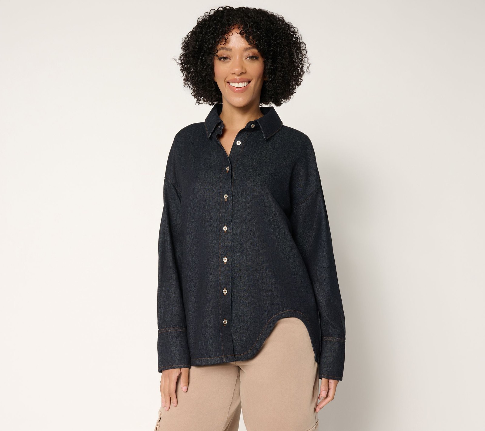 Peace Love World Denim Button Front Shirt with Curved Hem Dark Wash L New