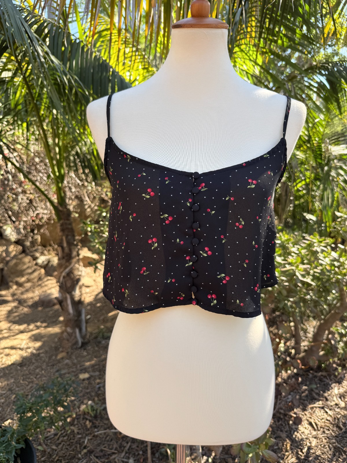 90s Y2K Revival Sheer Cherry Micro Dot Cropped Cami Size S Whimsigoth Dark Fairy