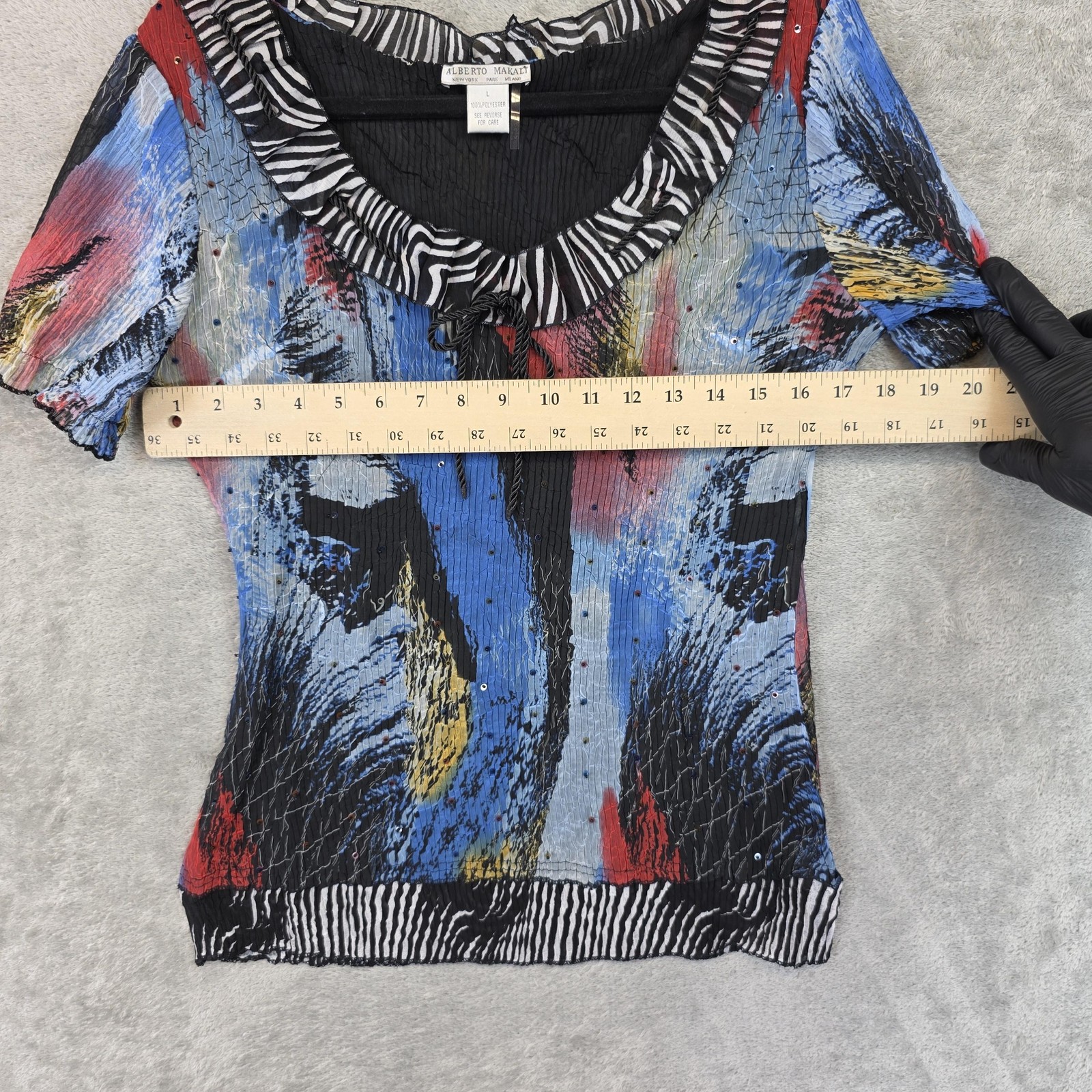 Alberto Makali Blouse Womens L Multi Scoop Neck Ruffle Sequin Top Animal Print