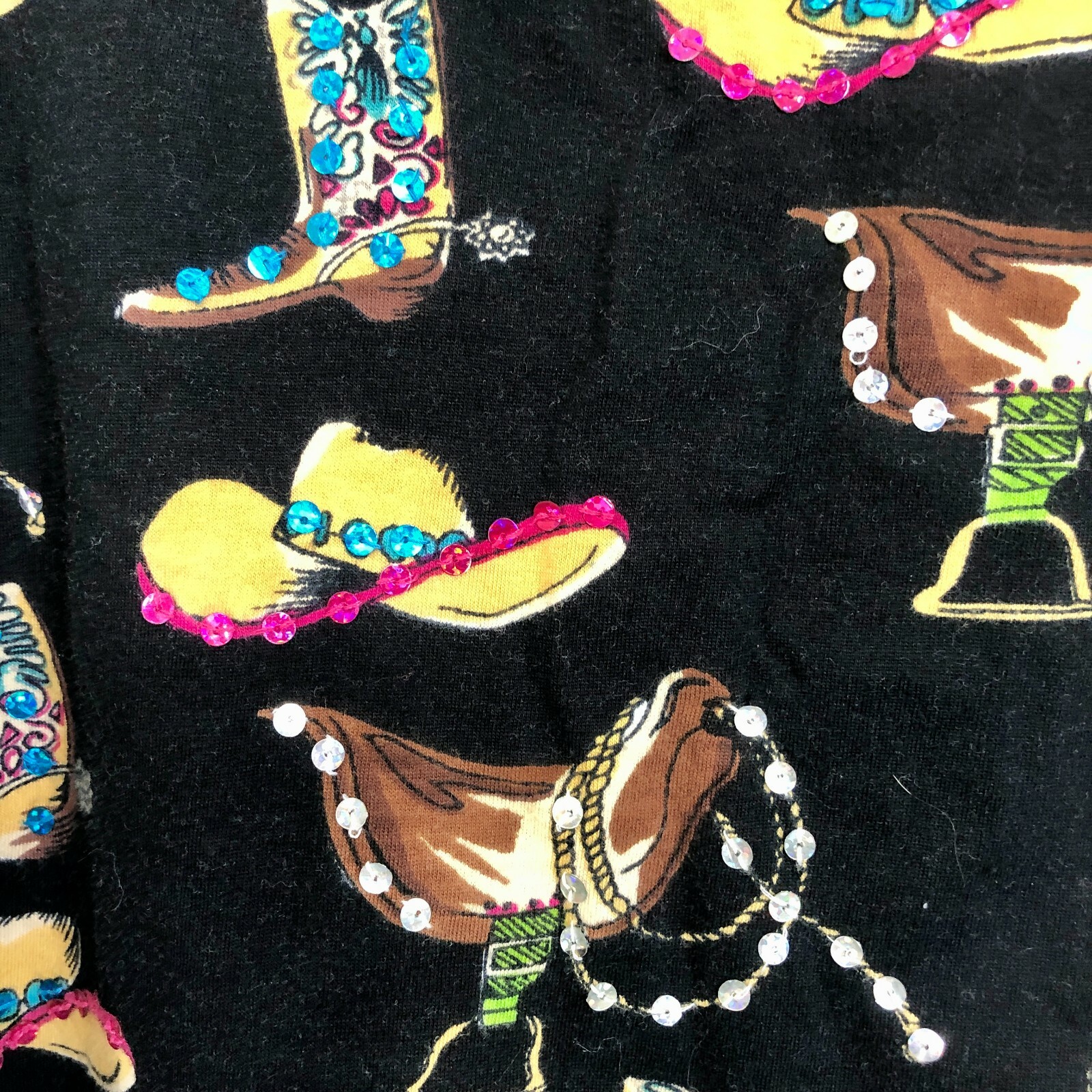 Vtg Collections Womens Novelty Top Large Black Cotton Sequin Cowboy Hat Boots