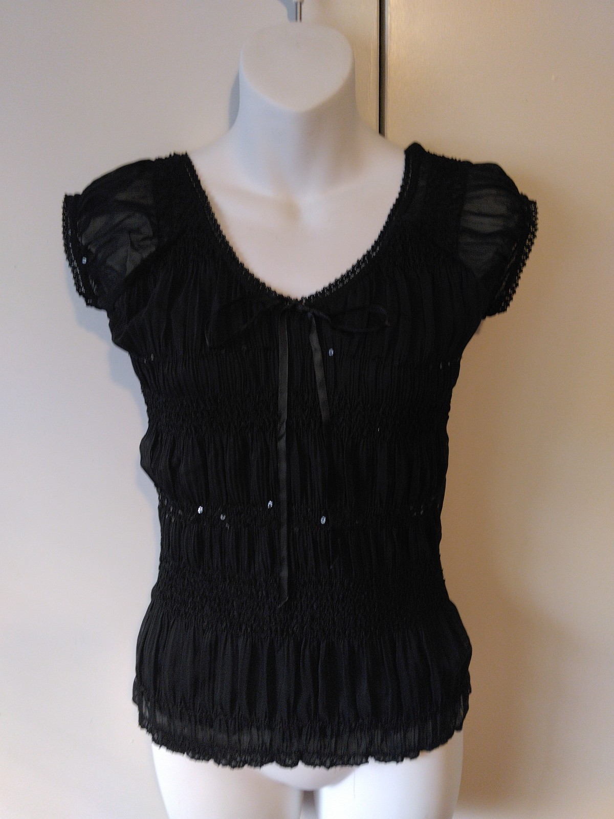 Womens Ruched Sequined Lace Trim Dainty Bow Top Size S Dark Coquette FairyGrunge