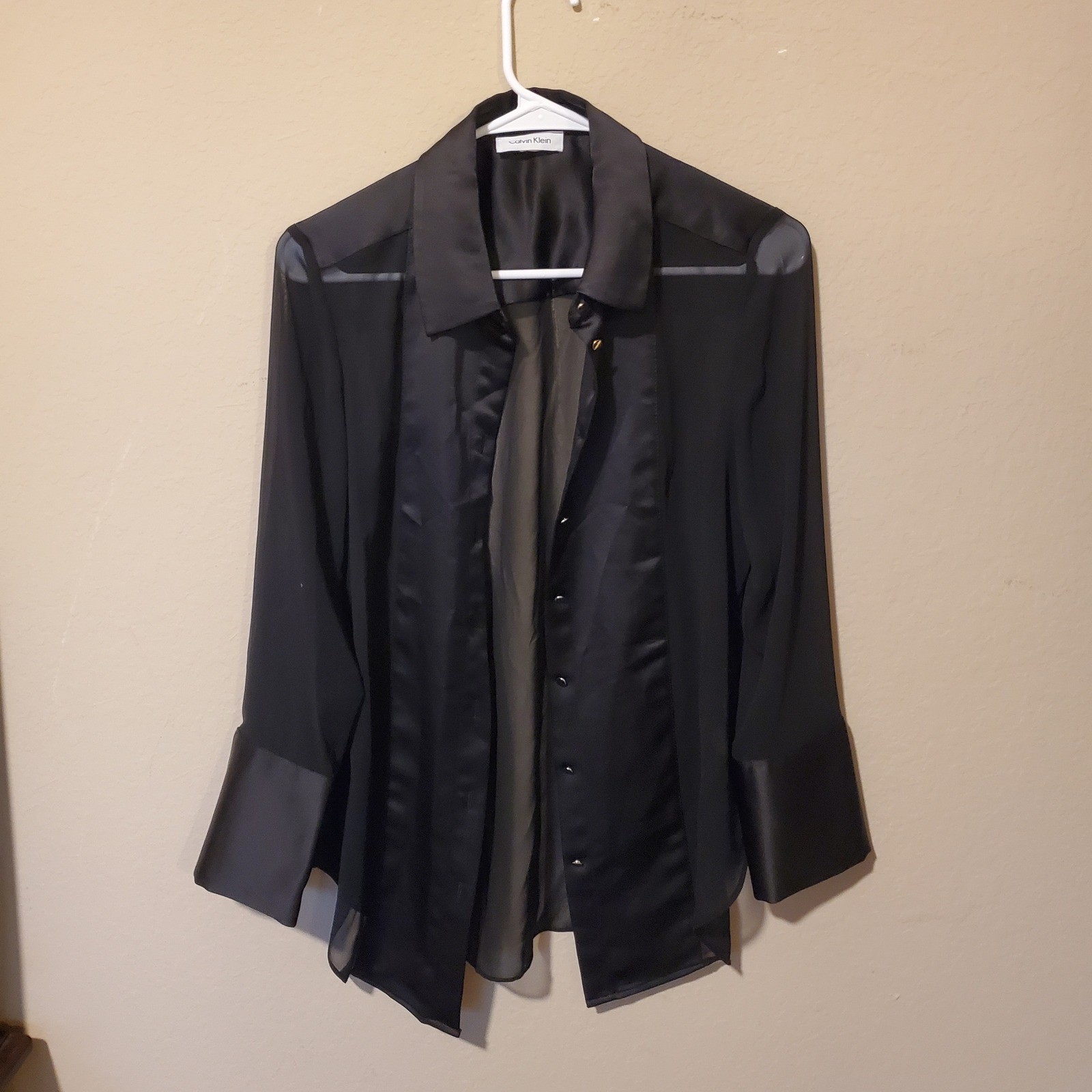 Calvin Klein Womens Black Sheer Chiffon Satin Mixed Media Button Down Blouse