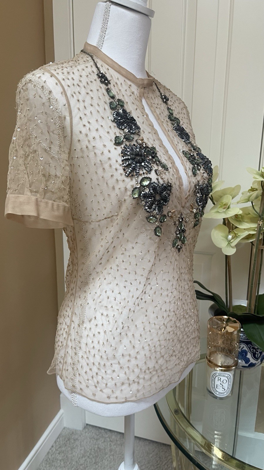 Brian Reyes Embellished Tulle Blouse Size 4 Couture Beaded Top