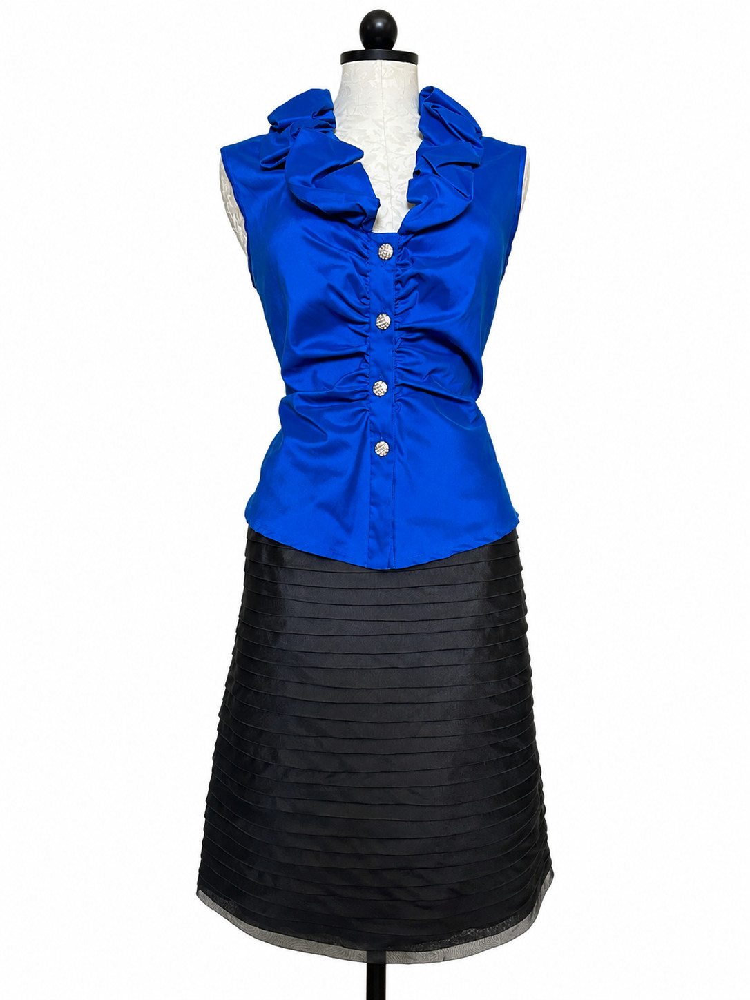 DONNA RICCO Collection Blue Ruffle Rhinestone Button Blouse Size 14