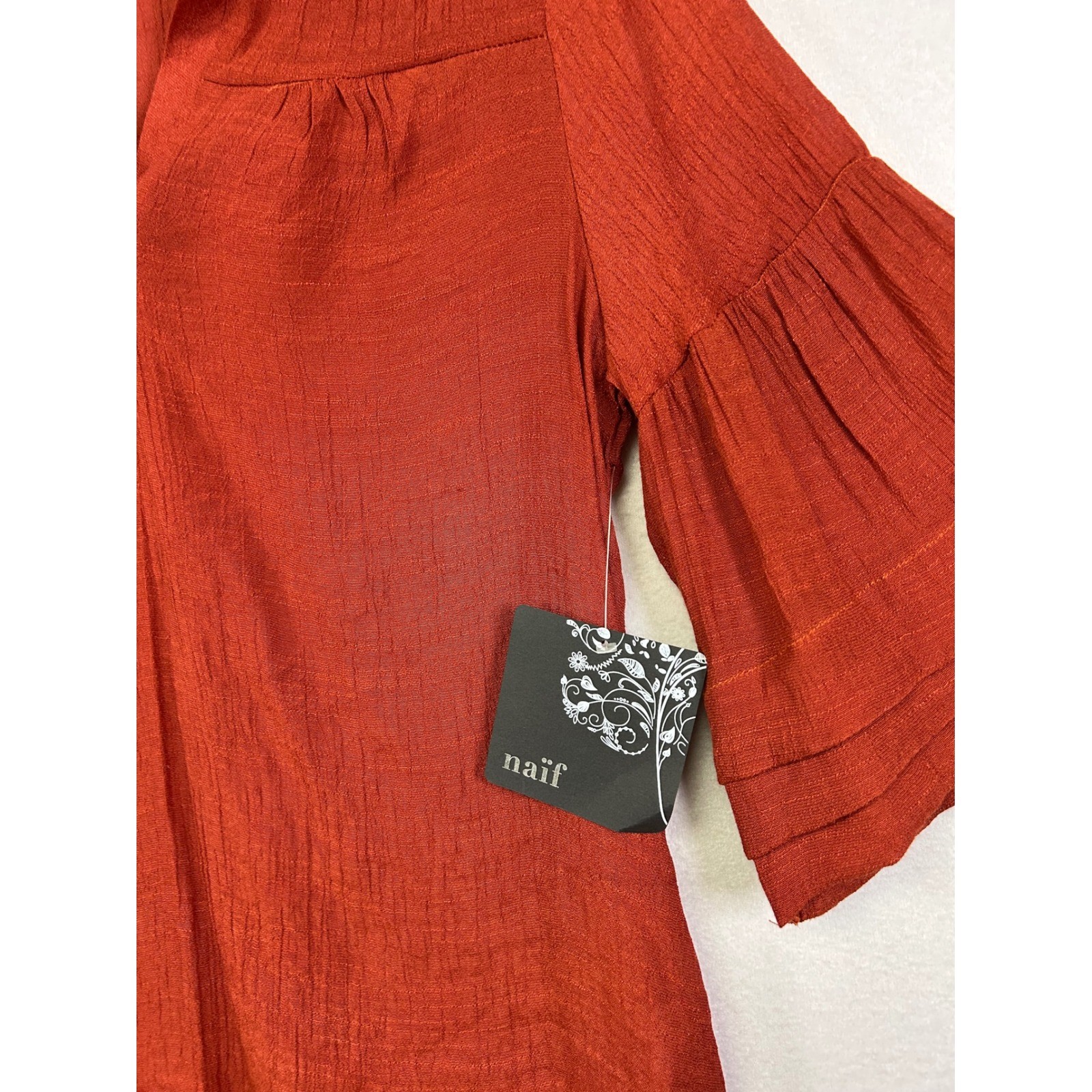 Boho Chic Naif Women Lg Rust Orange Tiered Bell Sleeve Split V-Neck Blouse New