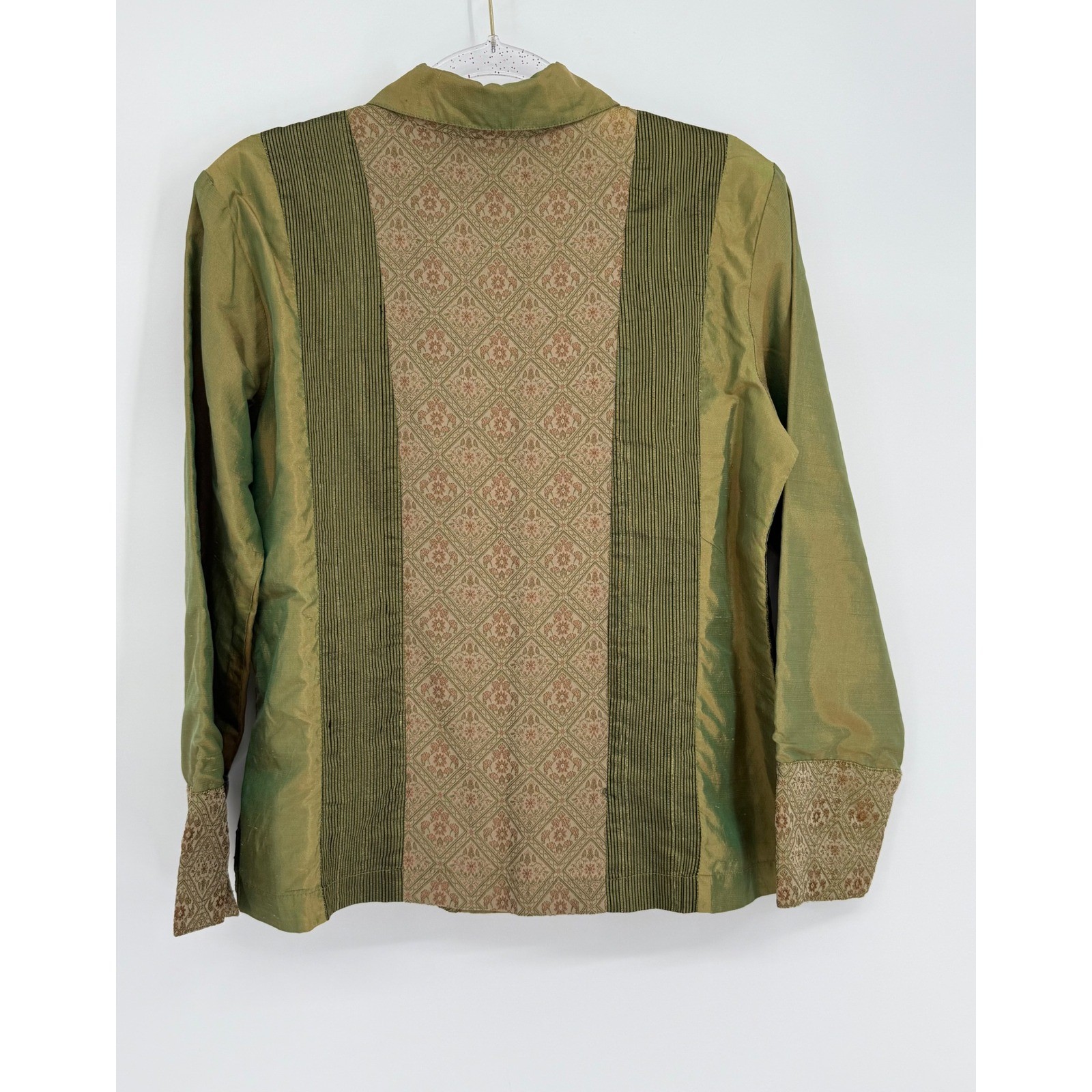 Coldwater Creek Silk Blend Floral Tapestry Pintuck Blouse Olive Green Sz PS