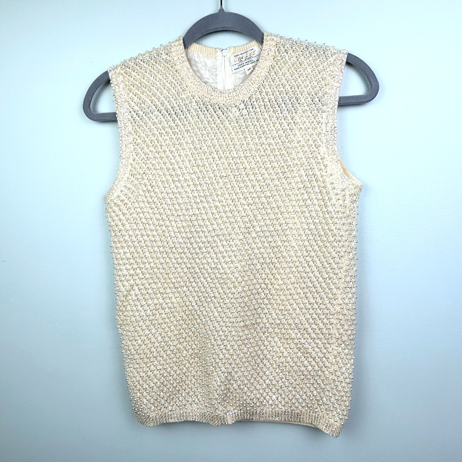 Cyn Les Vintage Hand Beaded 50’s 60’s Sleeveless Wool Top Pearls Sequins sz 38 S