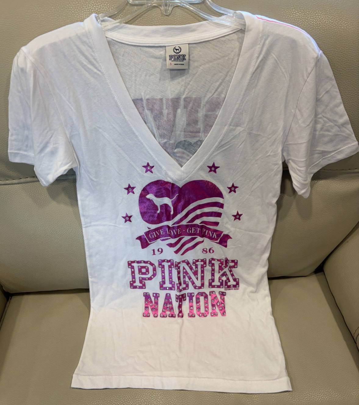 Victoria’s Secret PINK Sz S Y2K White & Metallic Pink Blingy Pink Nation Tee BN!