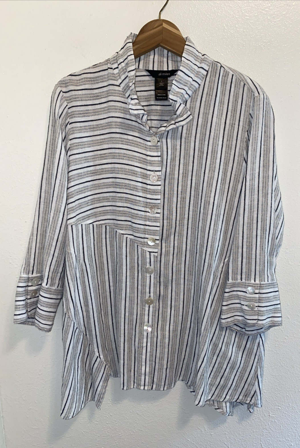 Ali Miles Linen Blend Tunic Top Black Tan Neutral Striped Wire Collar Large