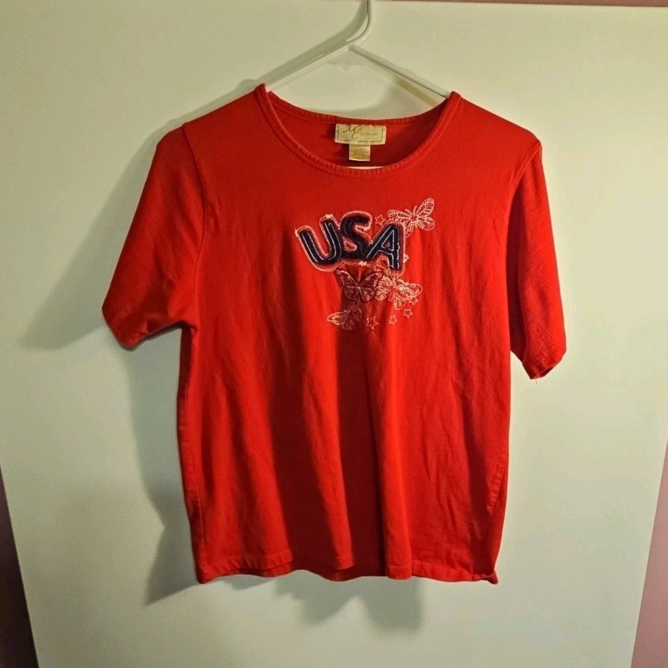 M&C Sportswear Women’s Red USA Patriotic Butterfly Embroidered Beaded T-Shirt M
