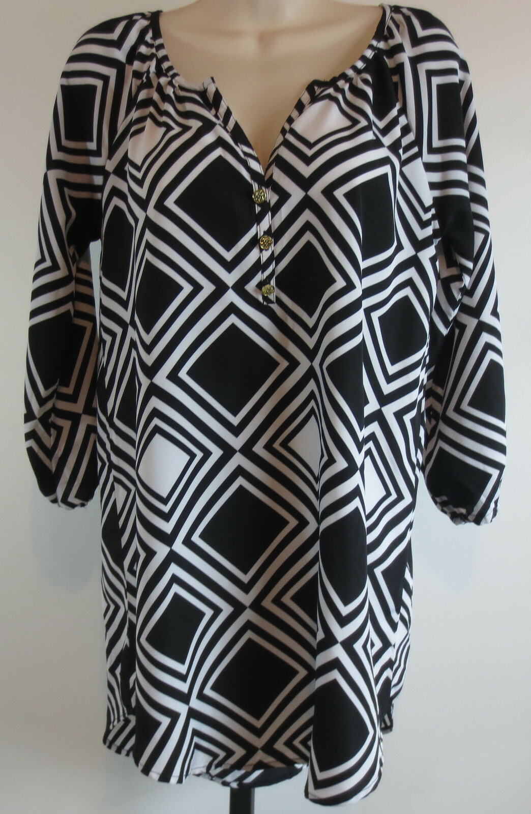 Mud Pie Womens Size Small 4-6 Black White 3/4 Sleeve Tunic Top Blouse