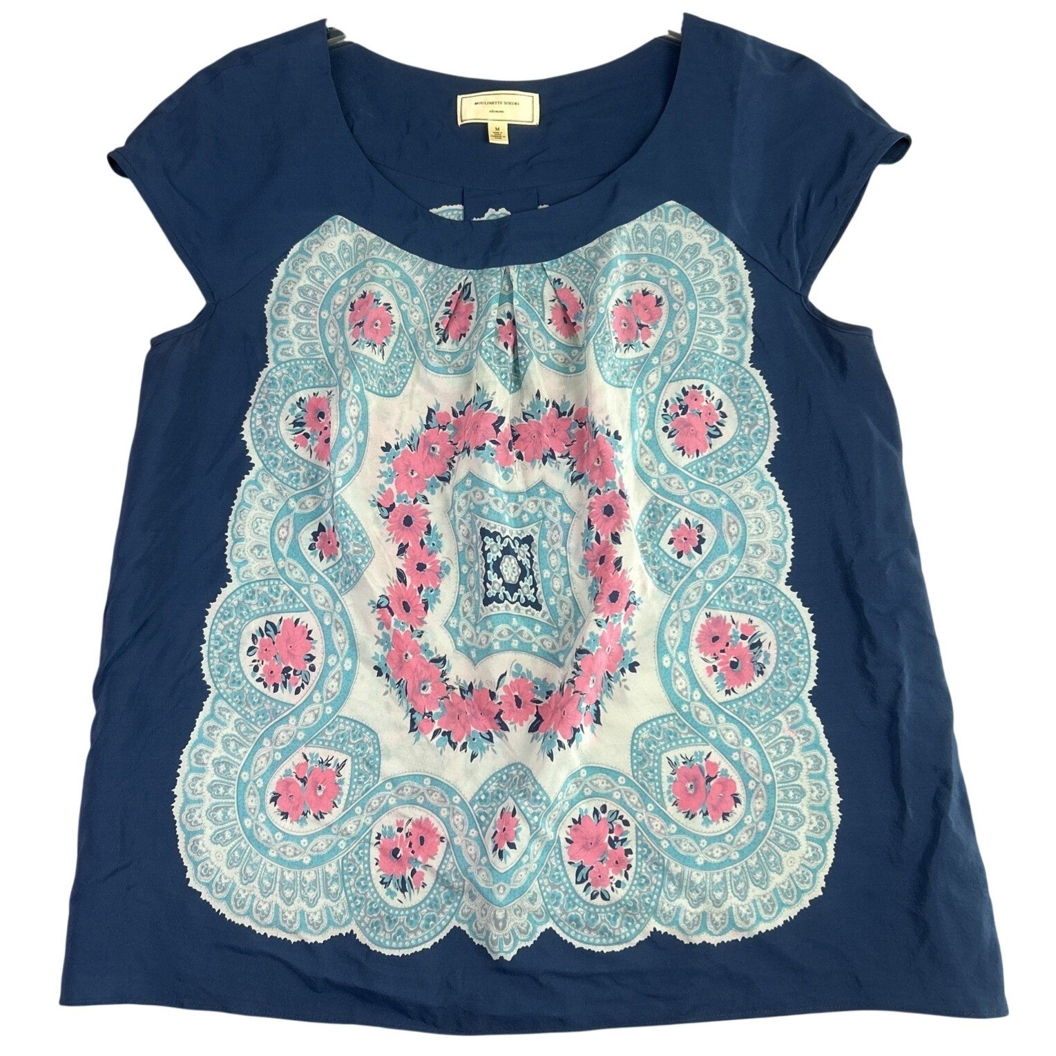 MOULINETTE SOEURS Anthropologie Blouse M 100% Silk Floral Print Top Boho Beach