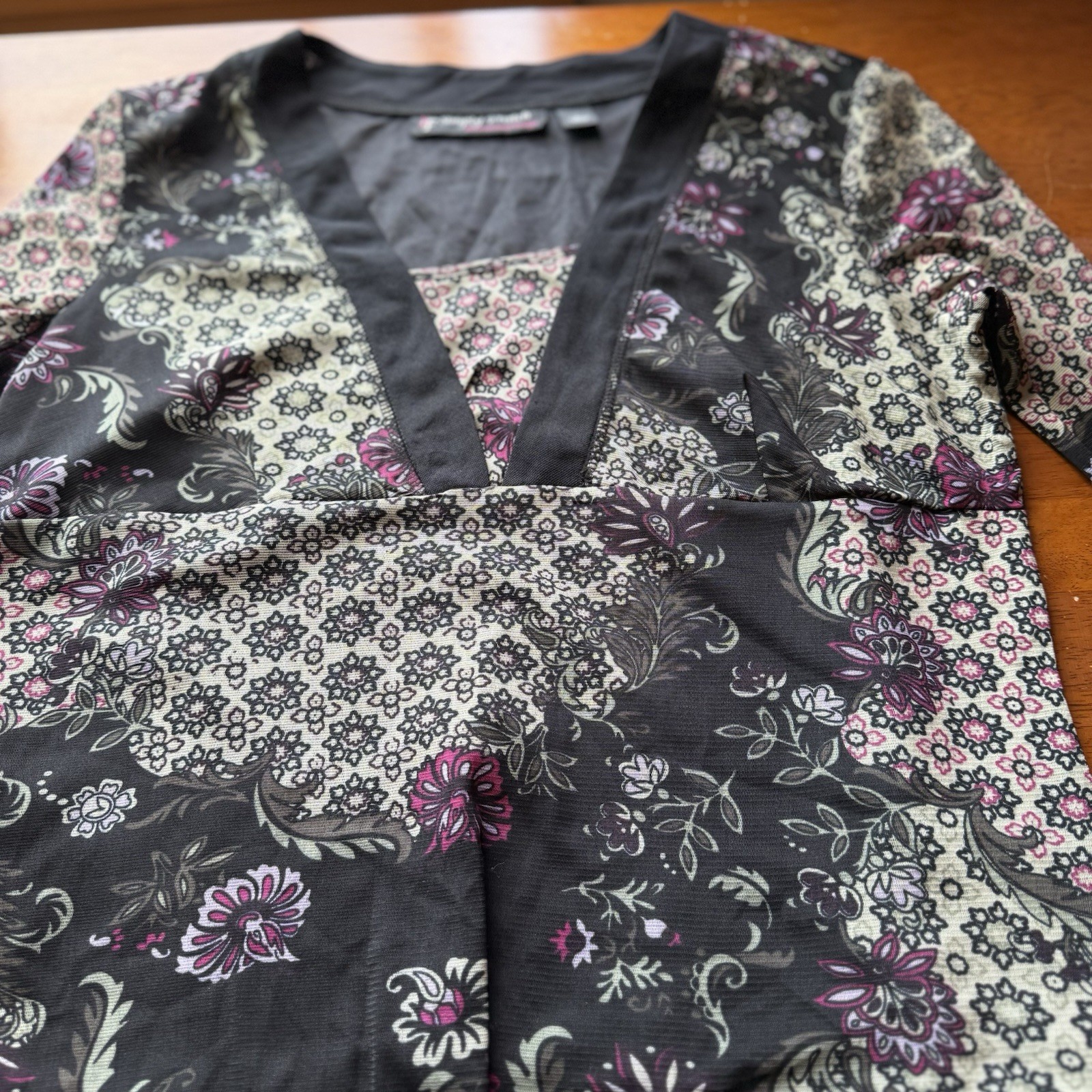 Vintage Y2K Simply French Floral Sheer Mesh L Top Black Whimsigoth Fairy