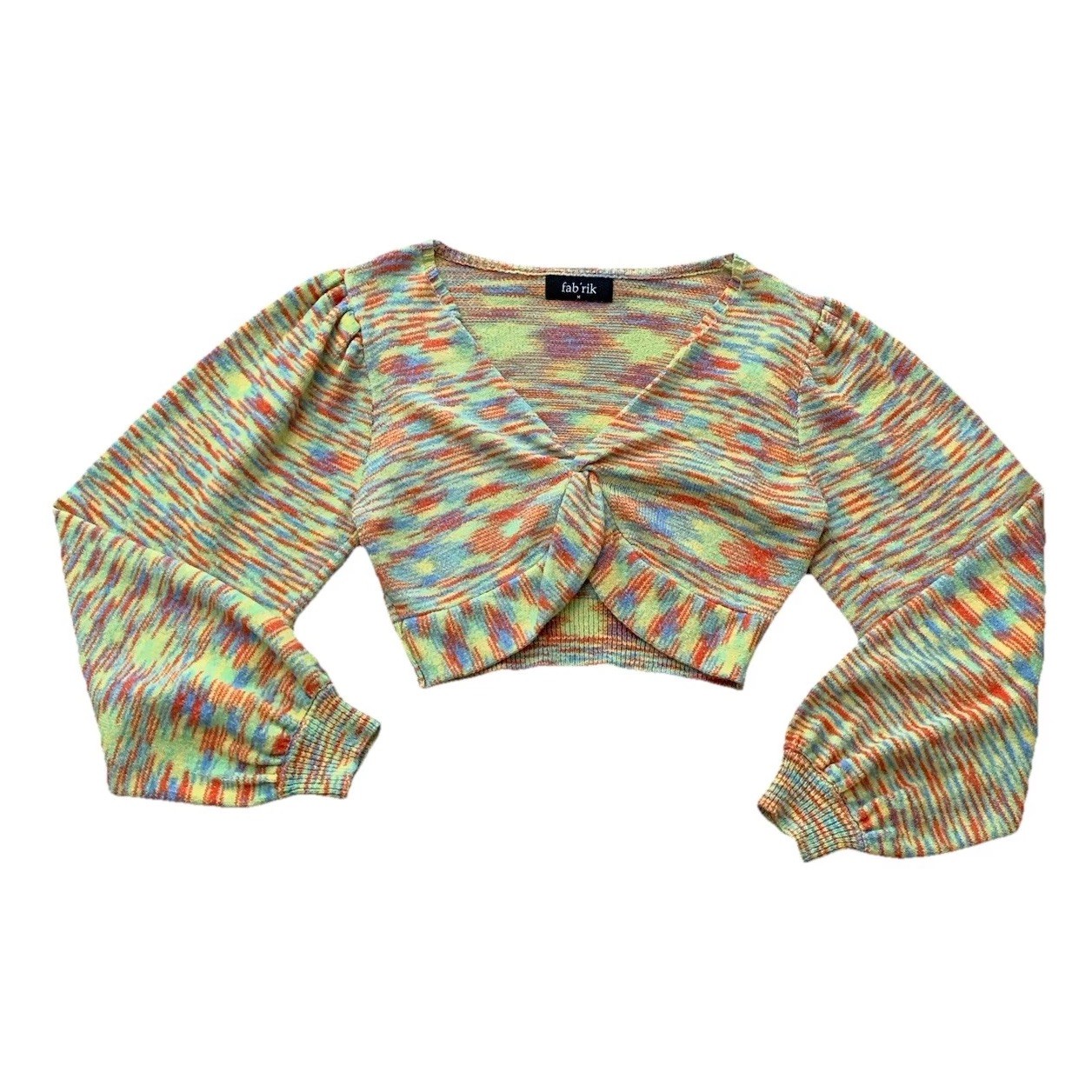 Fab’rik Balloon Sleeve Knit Striped Sweater Crop Top Women’s Medium Twist Front