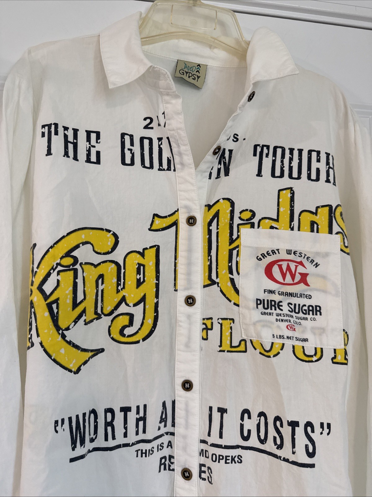 Jaded Gypsy Cup of Sugar White King Mills Flour White Button Down Women’s L/XL