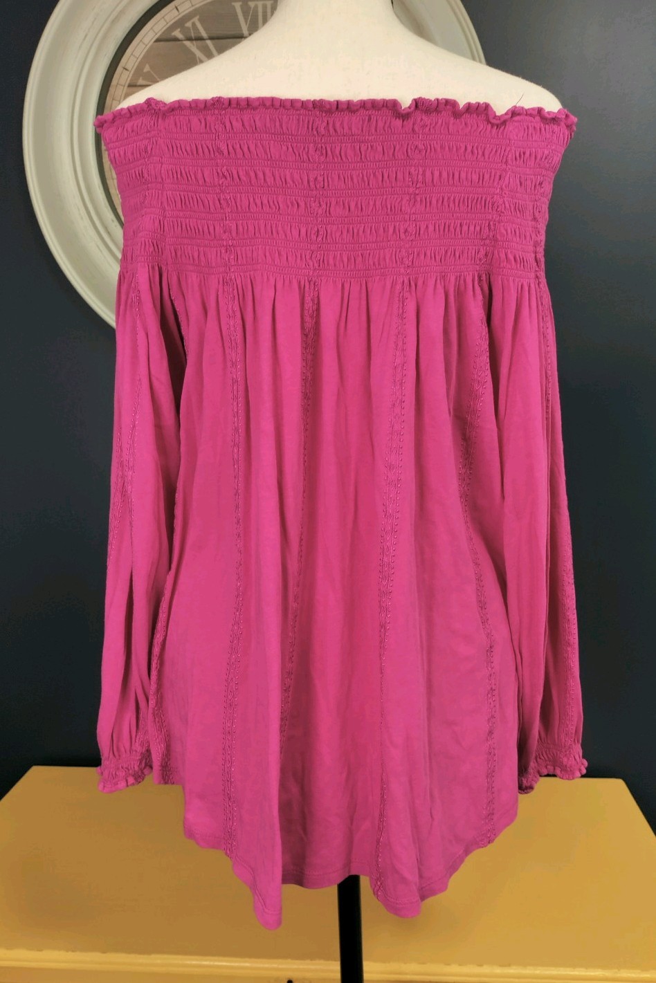 Lauren Ralph Lauren Blouse Size L Fushia Pink Smocked Off Shoulder Assymetrical