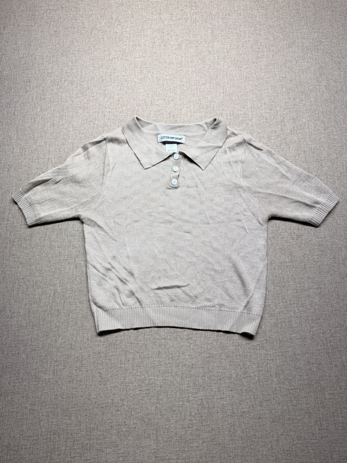 Cotton Emporium Short Sleeve Knit Polo Sweater Top Checkerboard Pattern Beige M