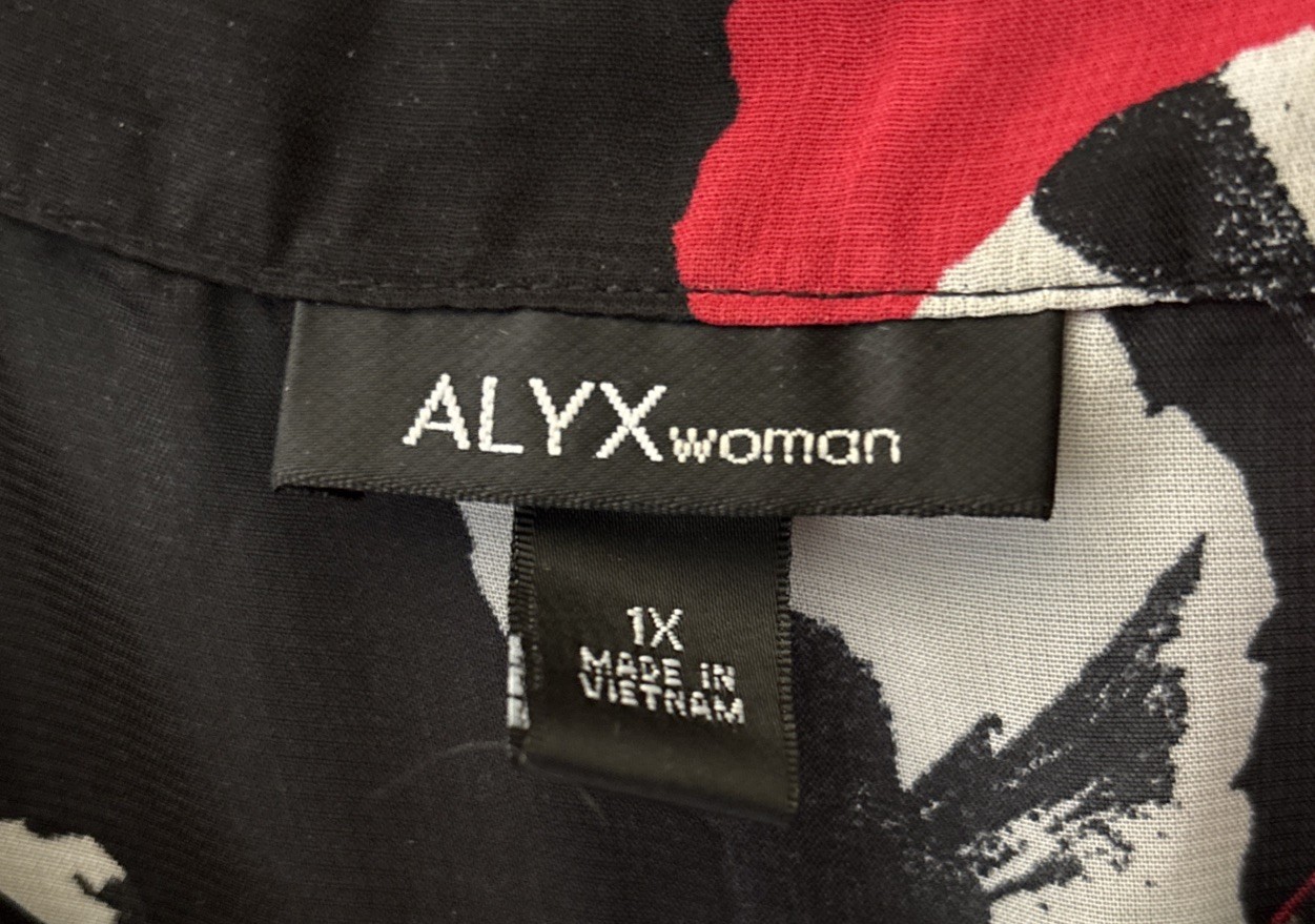 Alyx Womens Top Plus Size 1X Boho Black Red Sheer Printed Keyhole Cutout Blouse