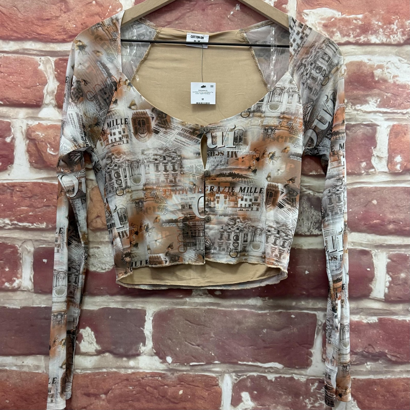 Cotton On Crop Top Womens M Multicolor Newspaper Print Graphic Scenic Mesh Shirt