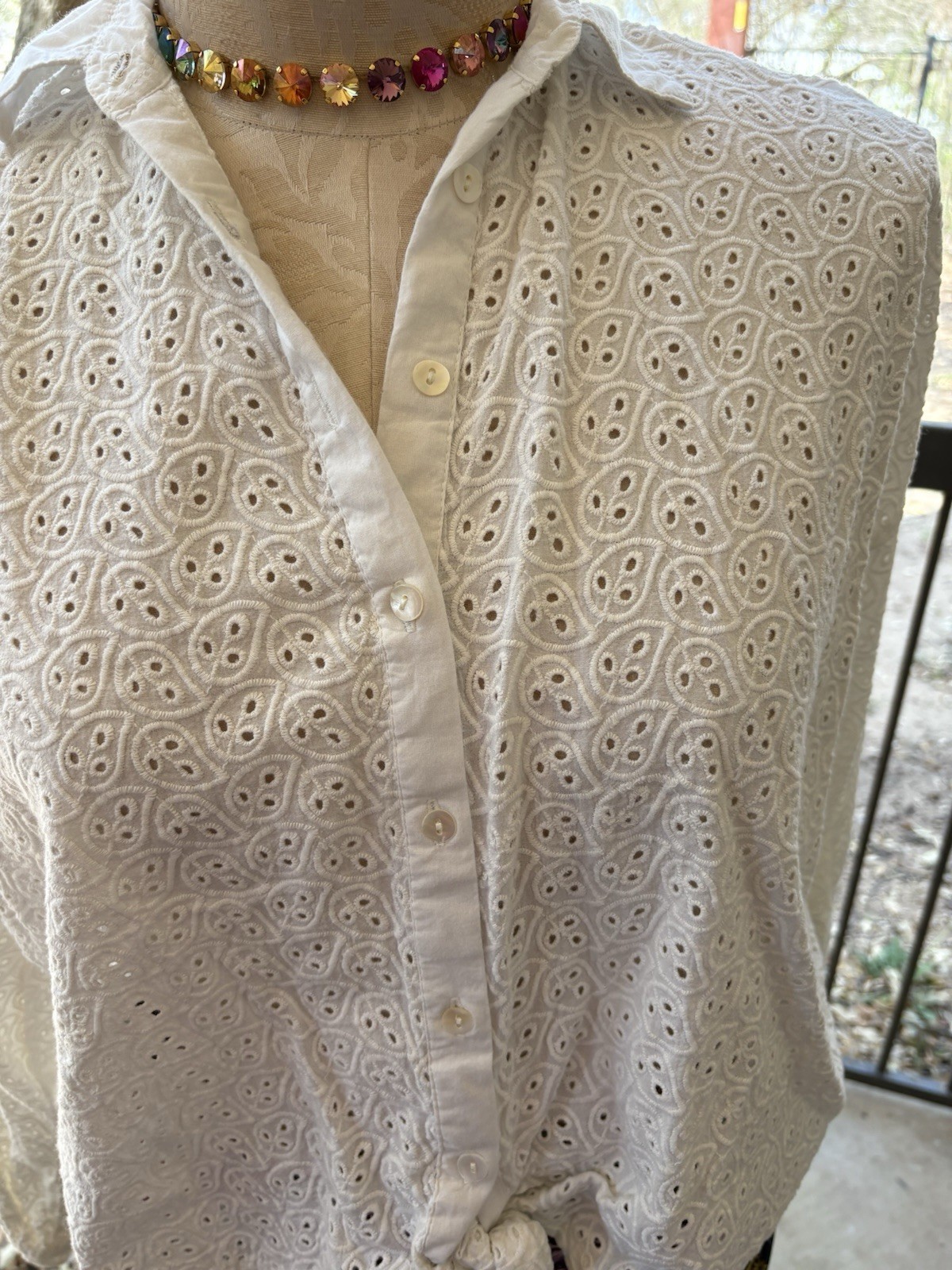 NWOT JADED GYPSY White Patch Eyelet Mix it Up Button Up Long Sleeve Top L/XL