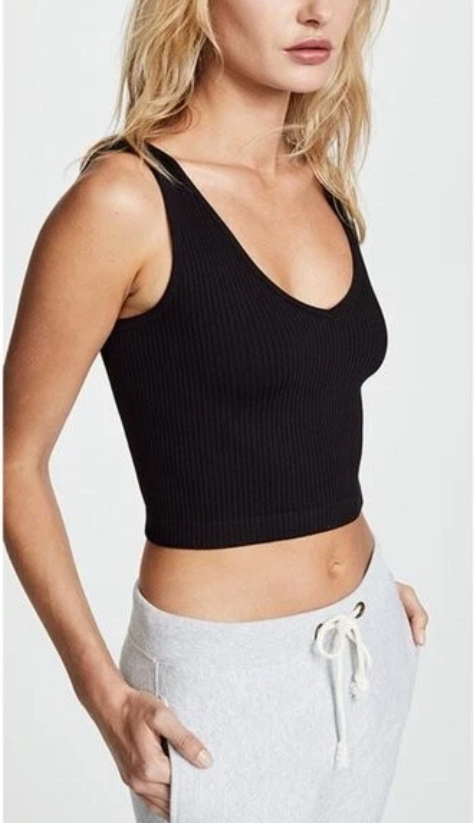 NWT Free People Solid Knit Brami V Neck Cropped Ribbed Tank Top Black XS/S $38