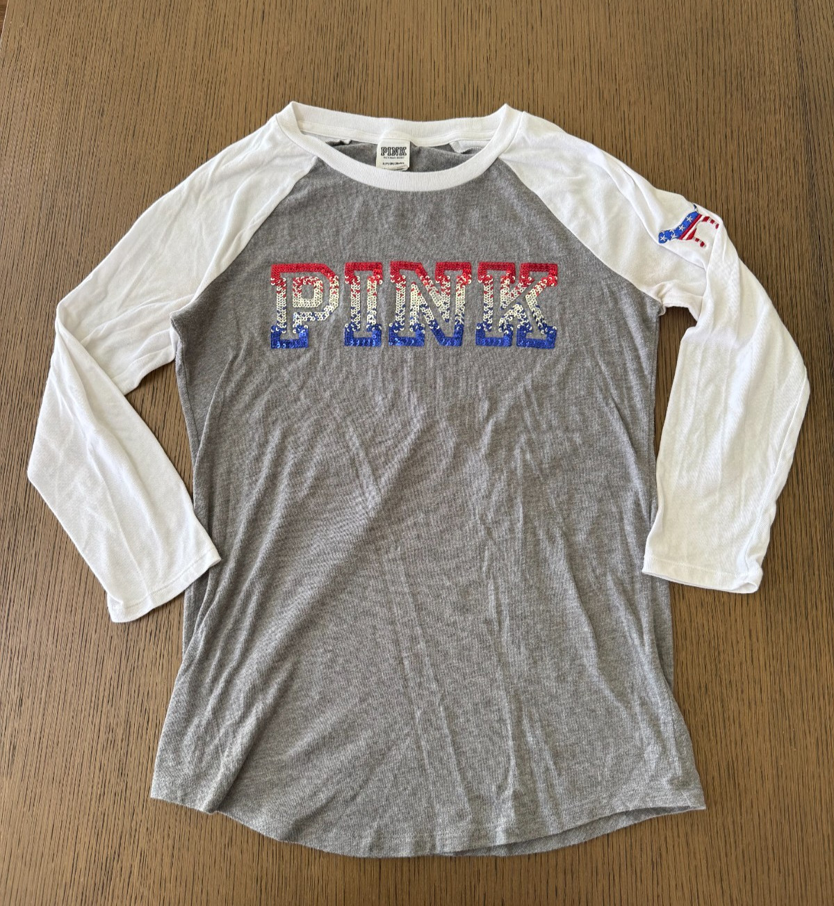 Victoria’s Secret PINK Red White and Blue USA Sequin Bling Gray S P T-Shirt Tee