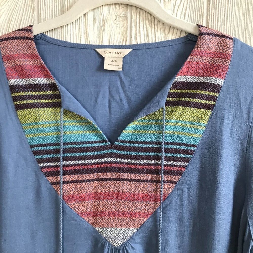Ariat Boho Western Embroidered Tunic Top w/ Flared Sleeves Tassels – Medium