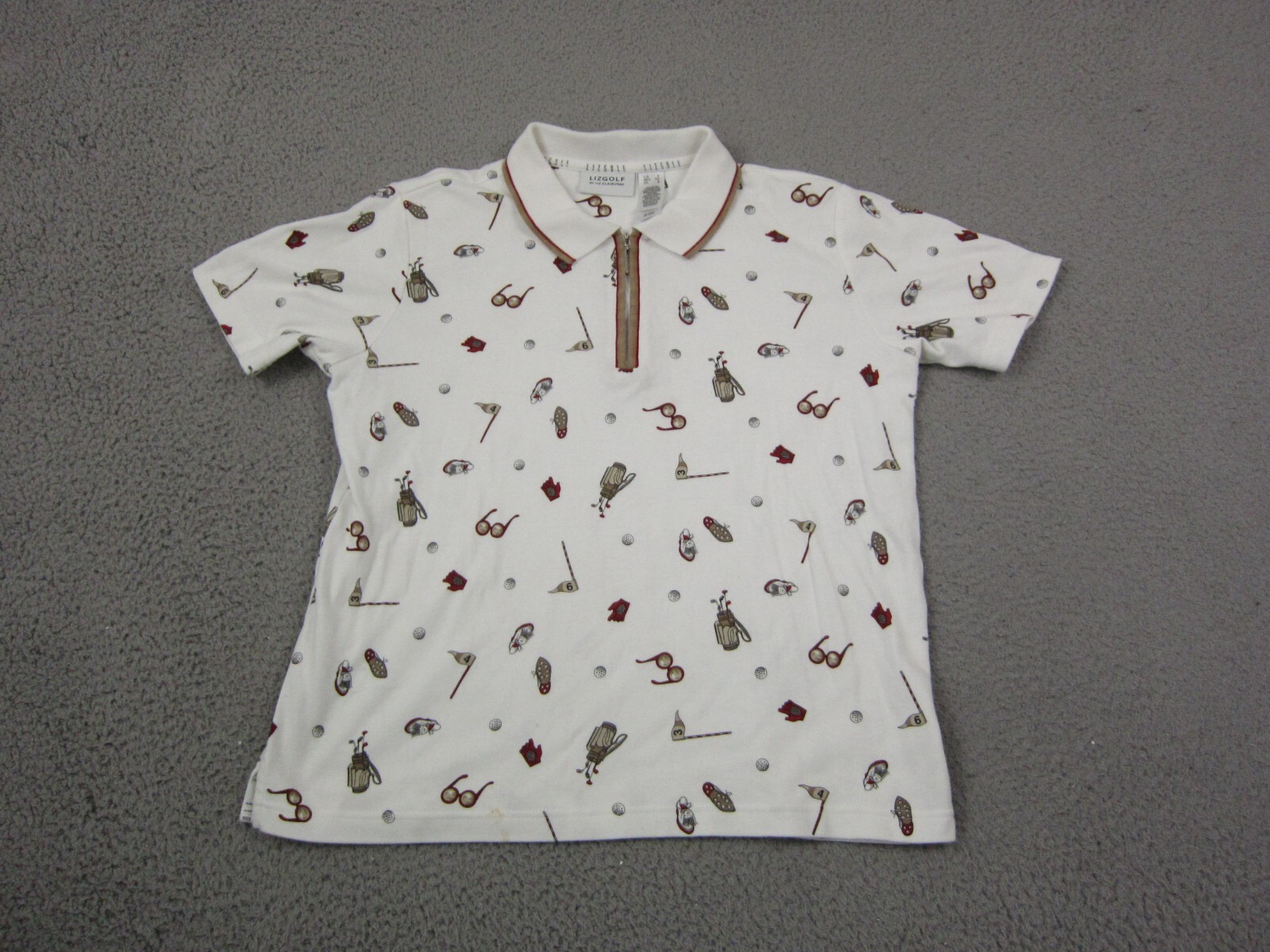 Liz Golf by Liz Claiborne Womens Polo Shirt Small White Bag Hat Ball AOP