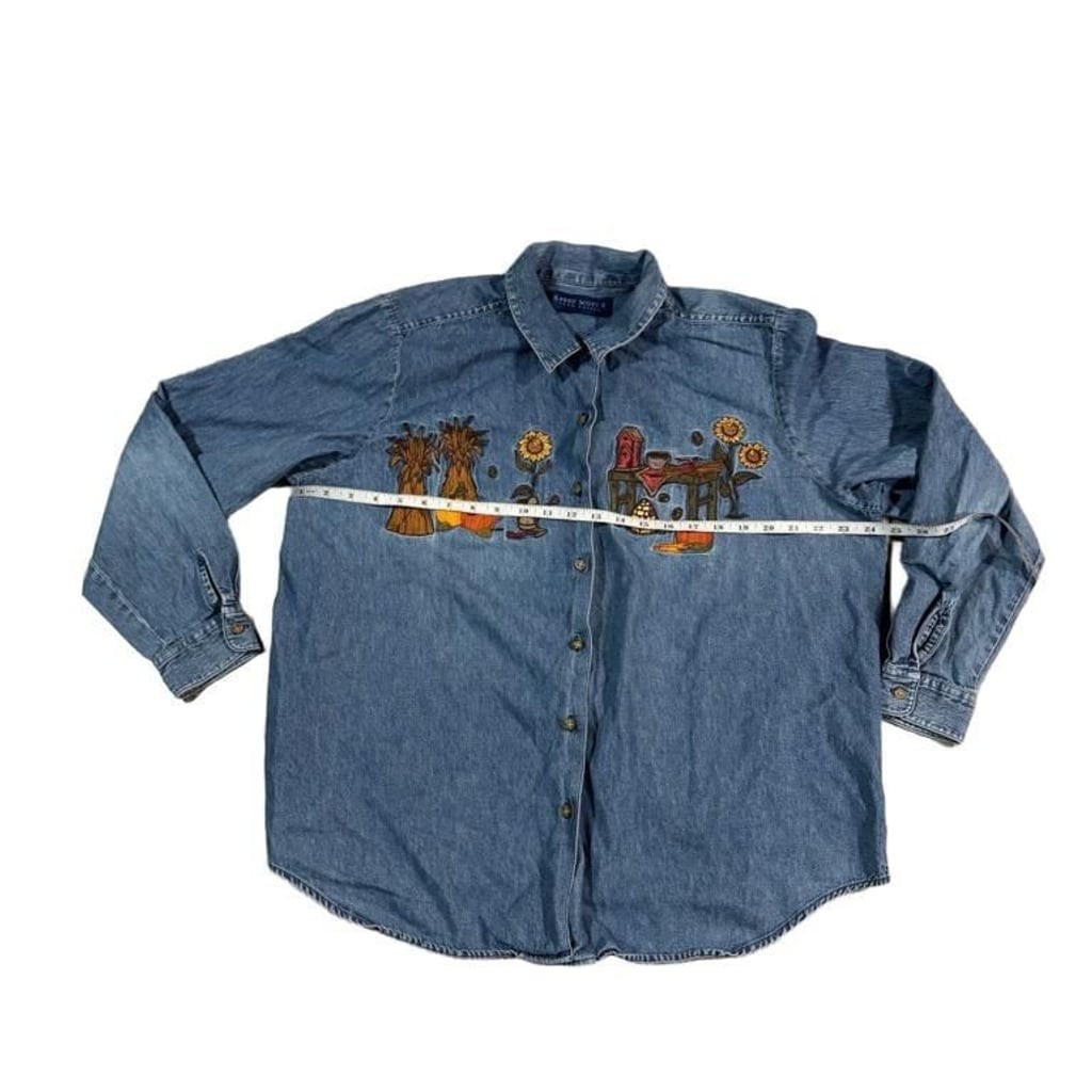 Karen Scott II Vintage Denim Button-Down Shirt with Fall Harvest Embroidery