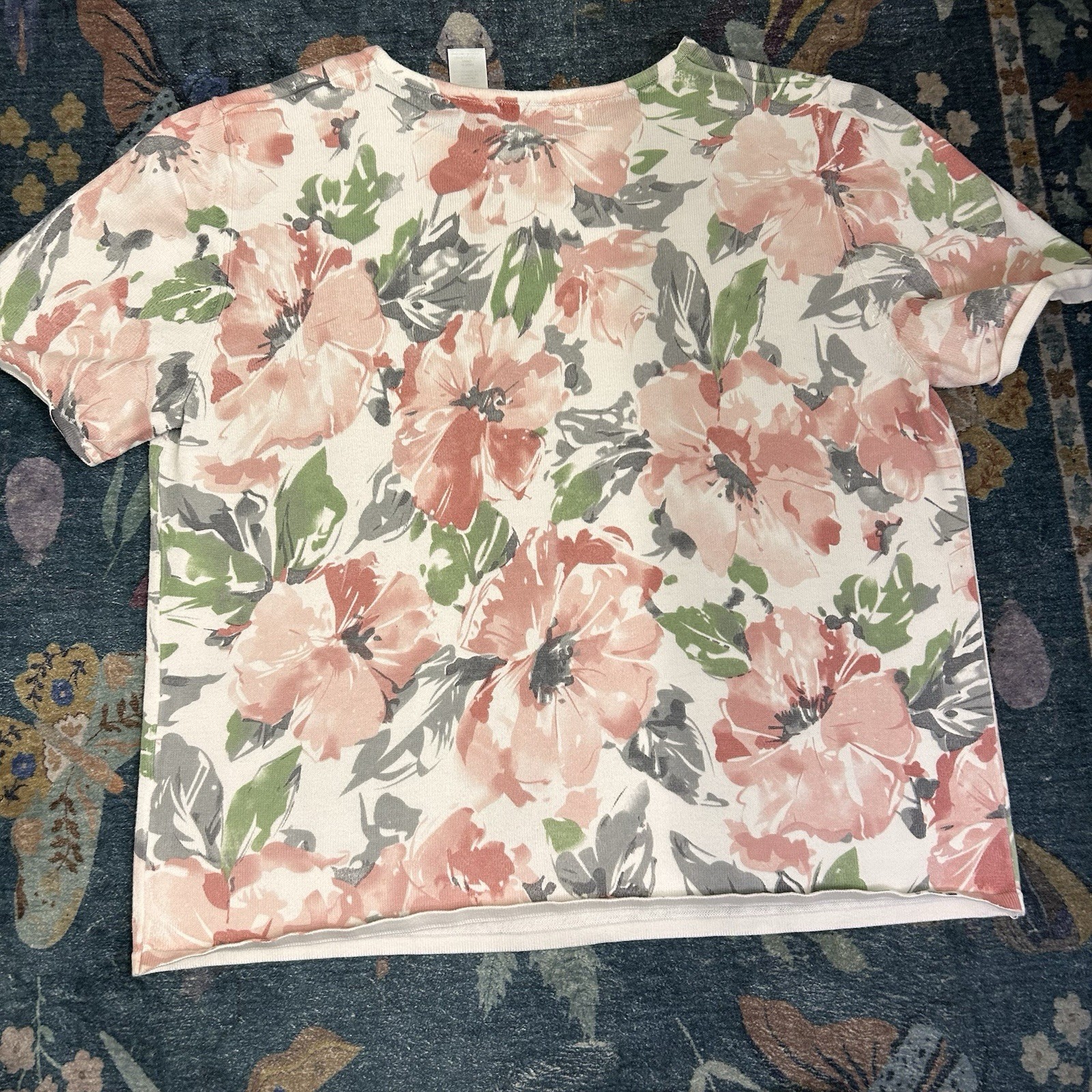Alfred Dunner Floral Knit Top Pink Green Beaded Sequin Short Sleeve Size Medium