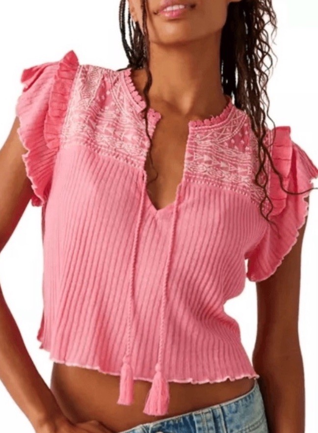Free People Pink Embroidered Serafina Top Size Medium Preowned Excellent Cond