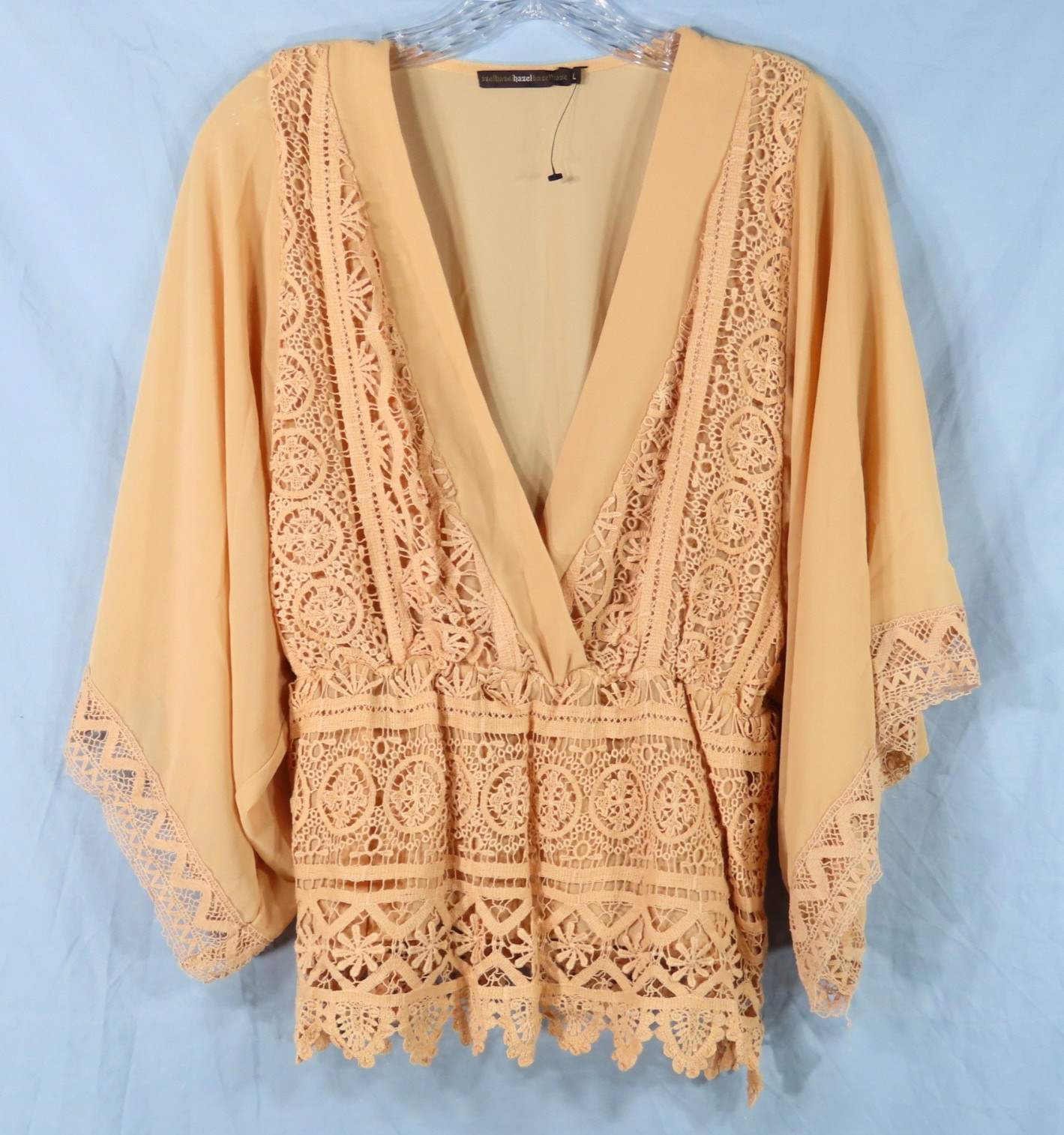 HAZEL Peach Crepe Chiffon PEASANT TOP BLOUSE Peplum Lace Crochet WHIMSIGOTH sz L
