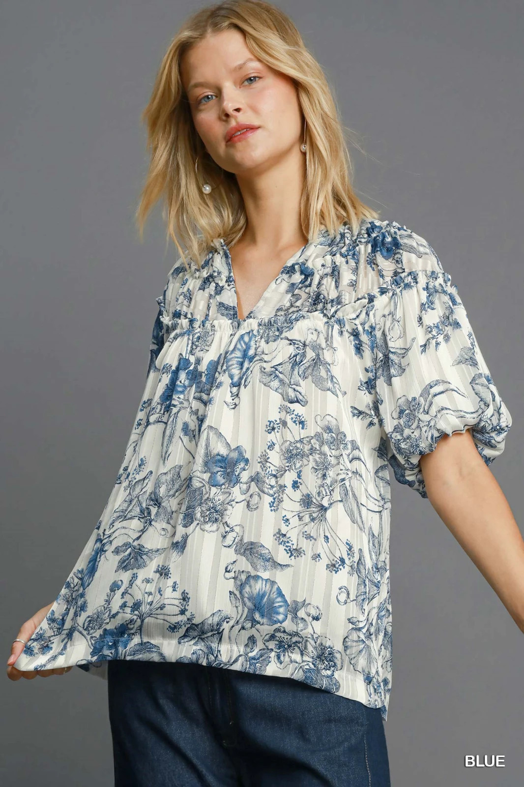 Umgee Blue Floral Print Metallic Ruffle Top Shirring Ruffle Detail Puff Sleeves