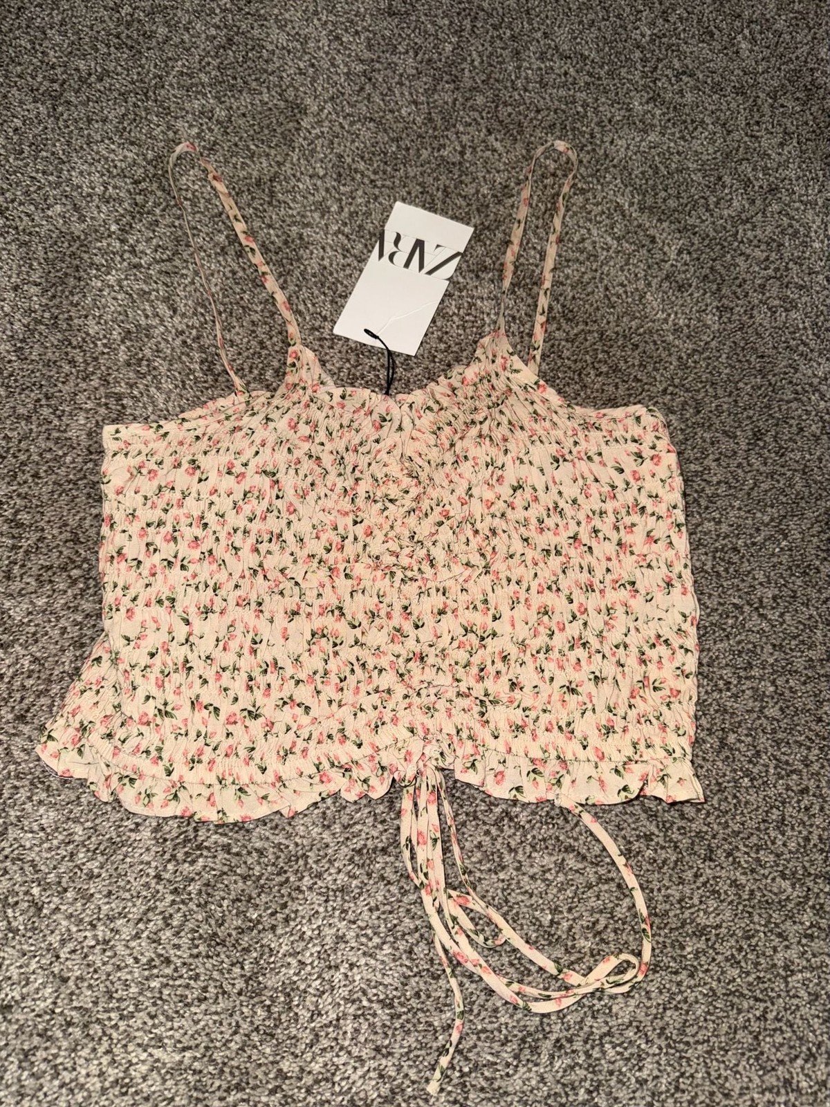 Zara Floral Print Smocked Cropped Cami Top