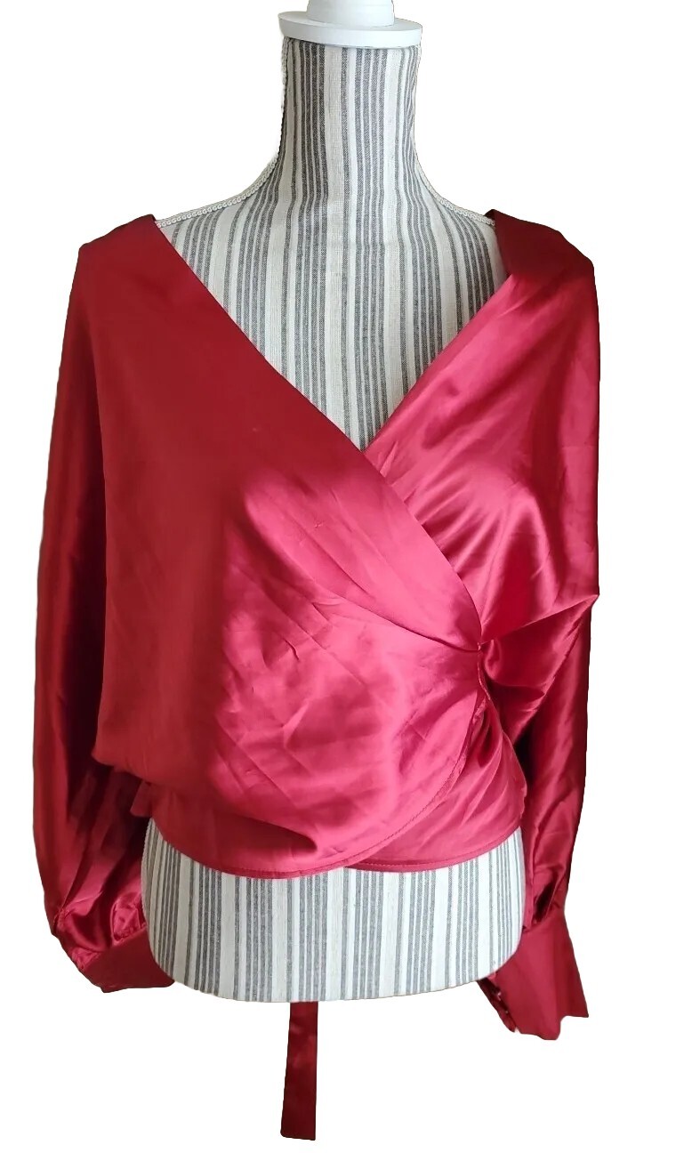 Red satin Wrap blouse, NWT, Size M, Celmia Collection, Longsleeve