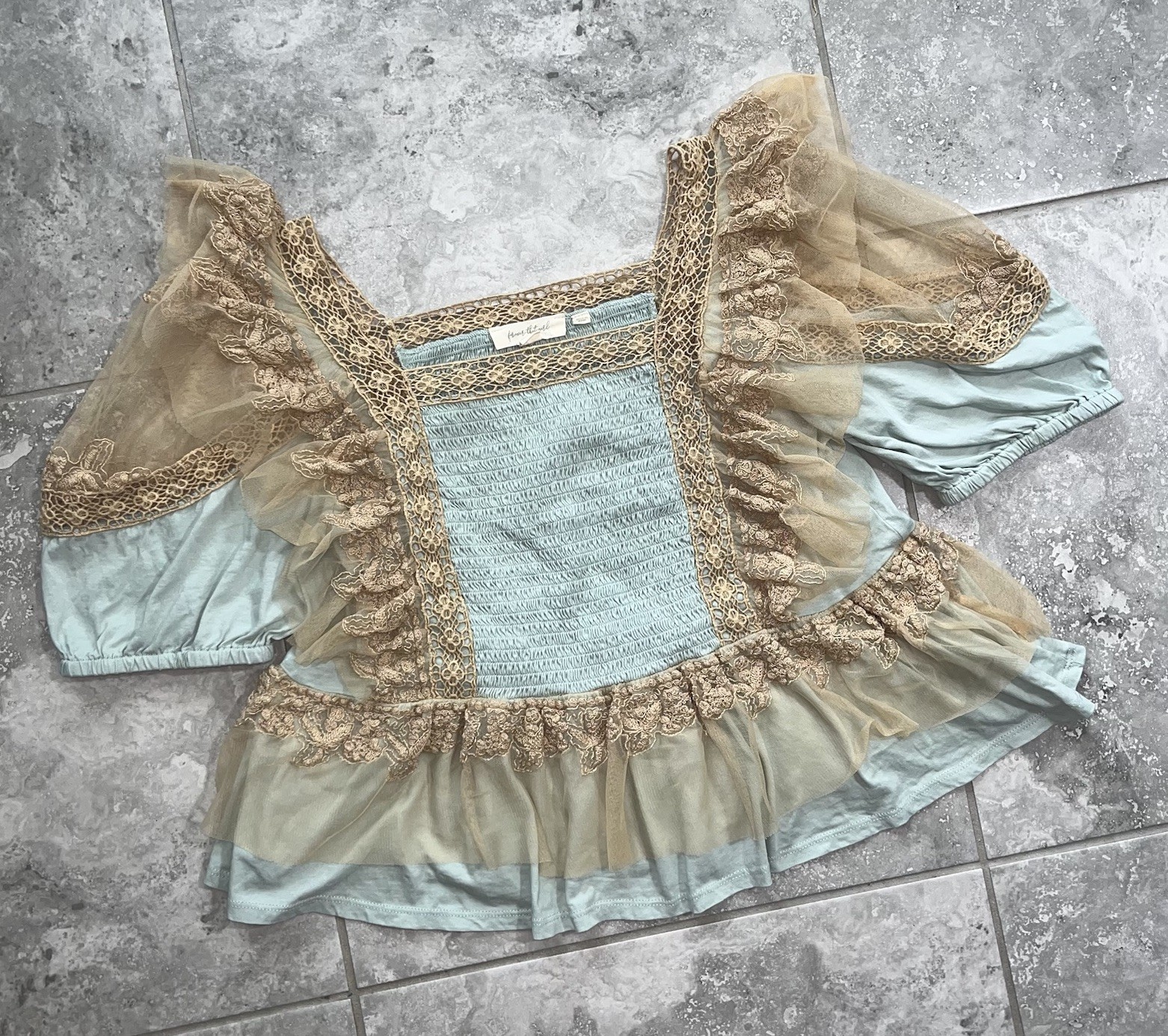 Anthropologie Forever That Girl Ruffle Lace Tulle Peplum Pleated Top Blouse M
