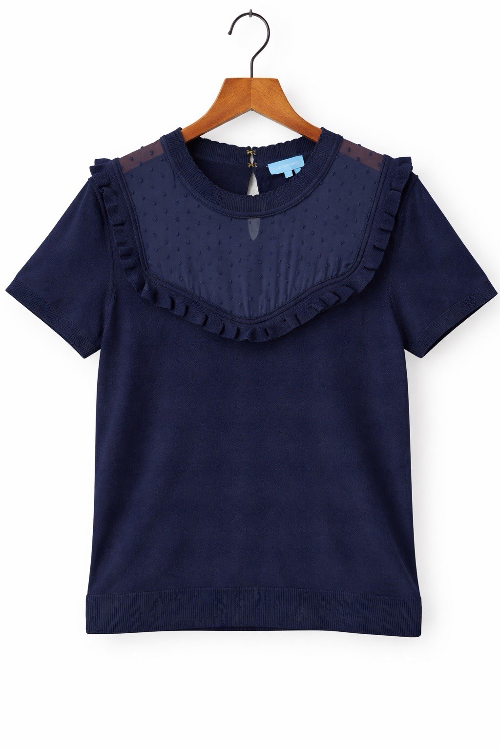 Draper James Navy Swiss Dot Ruffle Bib Knit Top L Preppy Feminine Short Sleeve