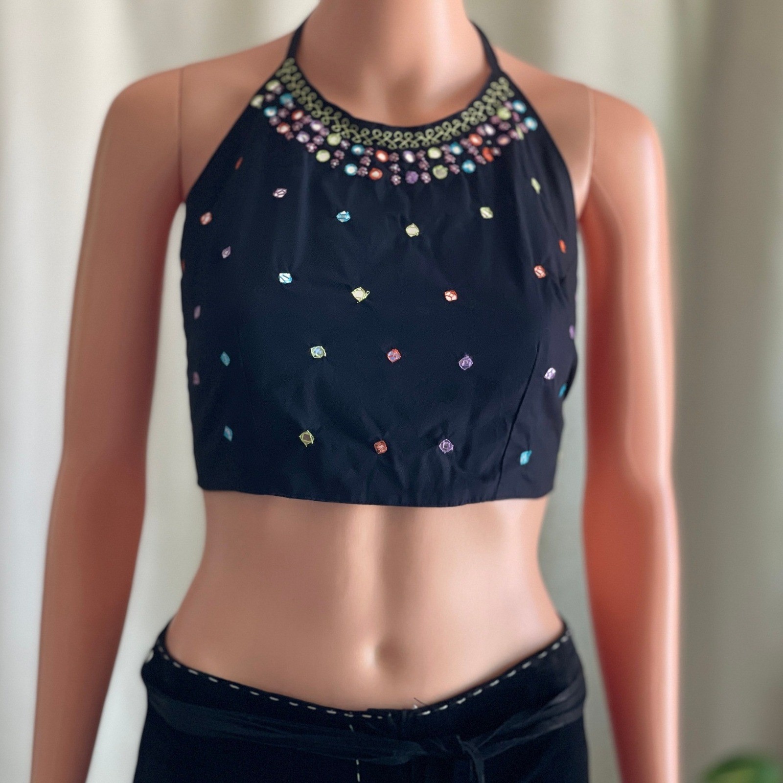 Black Cotton Halter Crop Top Mirror Beaded Embellished Boho Hippie Festival OS