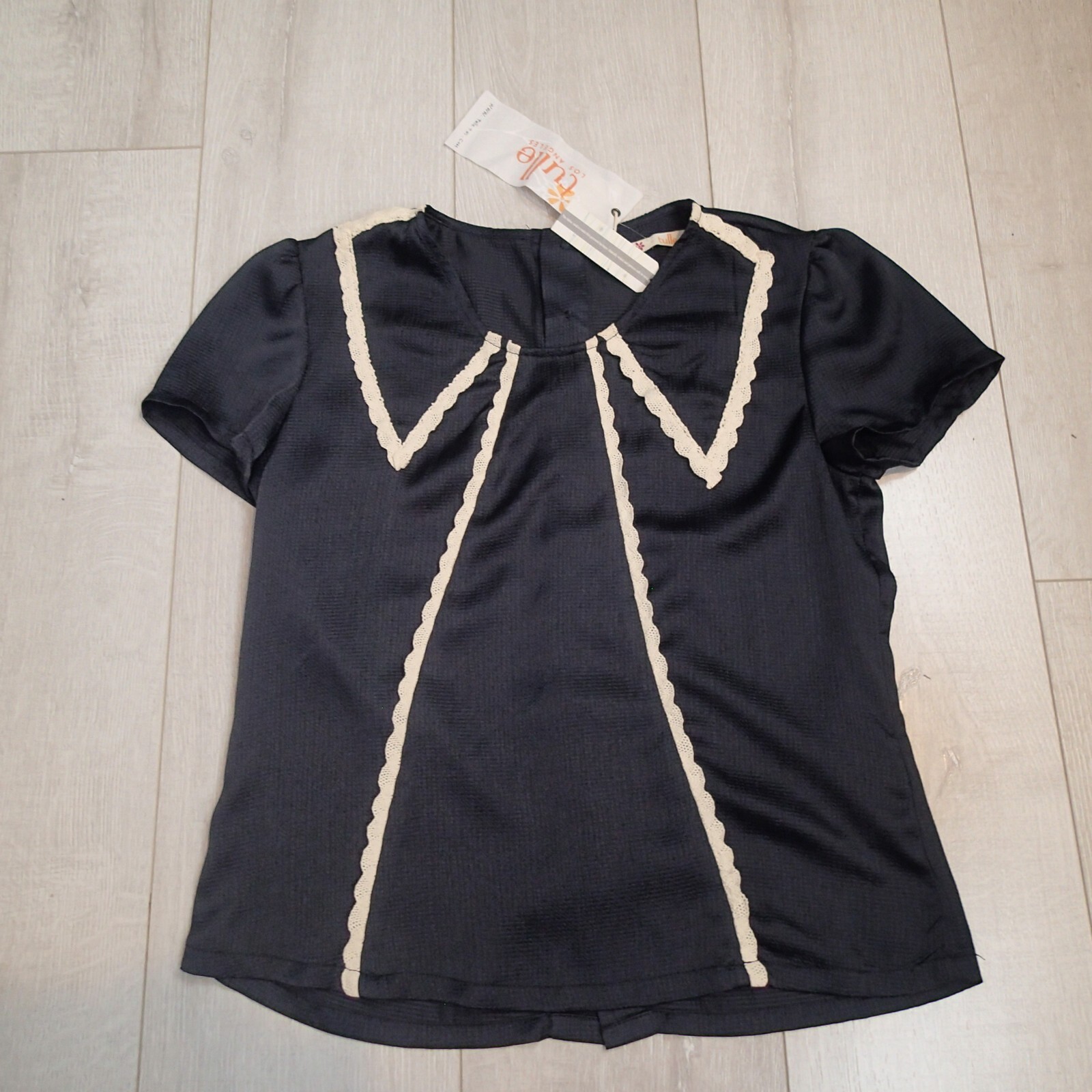 tulle Los Angeles blouse Top Sz m black white lace trim gold tone buttons back