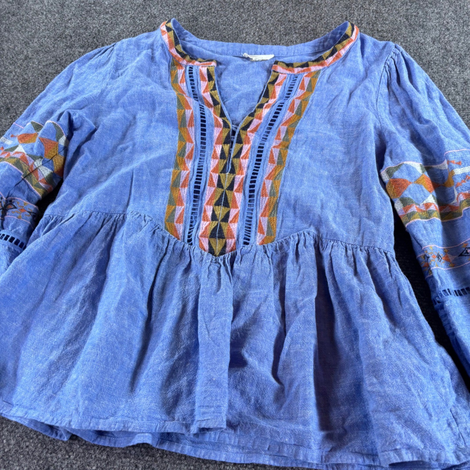 A Loves A Peplum Blouse Womens Medium Blue Embroidered Linen Blend Boho Top